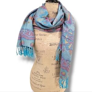Pashmina 100% Cashmere Turquoise Blue Floral Scarves/Wrap - OS